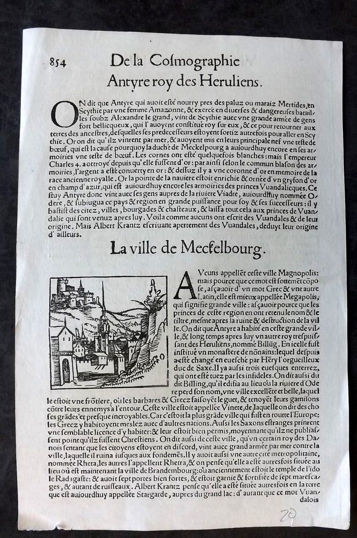 Munster, Sebastian 1552 Early Woodcut View of Basle, Switzerland: Woodcut Published 1552, Basel for the "Cosmographia" by Sebastian Munster. Printed both sides. Paper Size: 12 x 8 inch (30 x 20cm) Approx. Good Condition