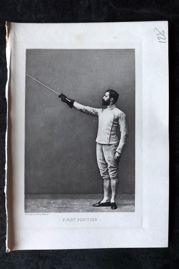 Badminton Library 1907 Antique Sword Fencing Print. First Position.: Photogravure Published 1907, London for "The Badminton Library of Sports and Pastimes..." by Walter H. Pollock, E. B. Michell, and Walter Armstrong.Paper Size: 7.5 x 5 inch (19 x 13cm) Good Condition