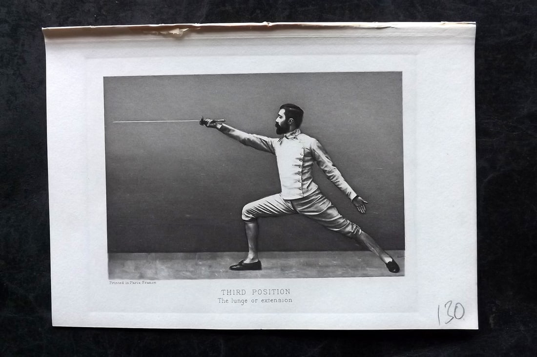 Badminton Library 1907 Antique Sword Fencing Print. Third Position. The Lunge or Extension. (1 of 1)