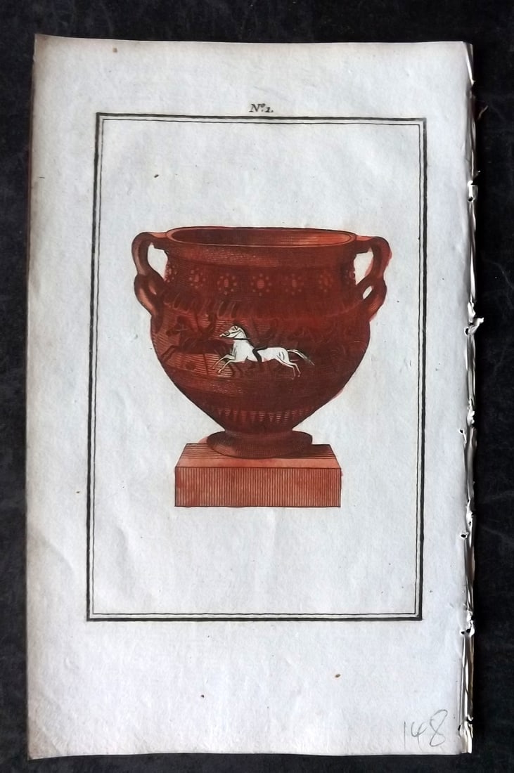 d'Hancarville & David 1785 Hand Col Print. Vase 01: Hand Colored Copper Plate Published 1785-88, Paris for "Antiquites Etrusques, Grecques et Romaine" by Pierre Francois Hugues d'Hancarville. Illustrated by F. A. David. Paper Size: 8 x 5 inch (20 x 13c