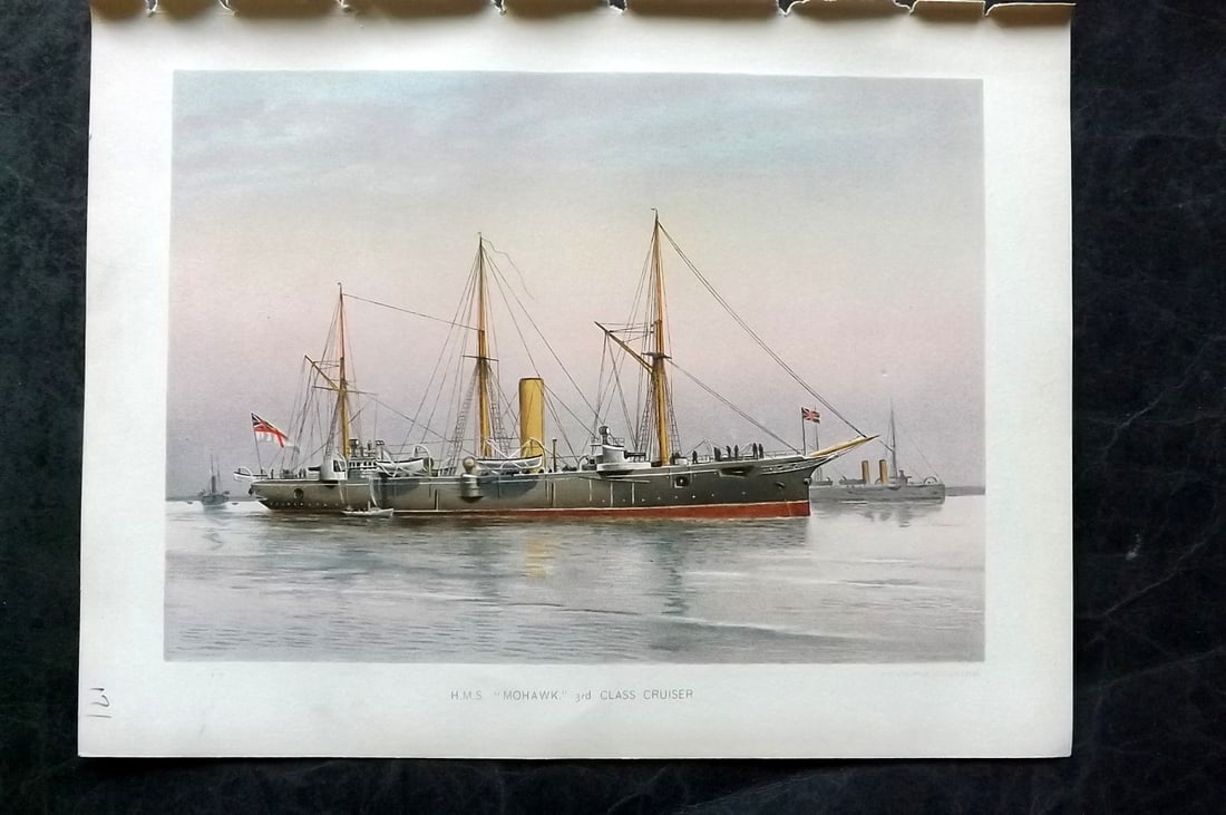 H. M. Navy 1893 Antique Ship Print. H. M. S. Mohawk, 3rd Class Cruiser: Chromolithograph Published 1889-1893 by J.S.Virtue & Co., London for "Her Majesty's Navy" By Lt. Charles Rathbone Low. Illustrated by W. Christian Symons and W. Fred Mitchell. Paper Size: 10.5 x 8 inc