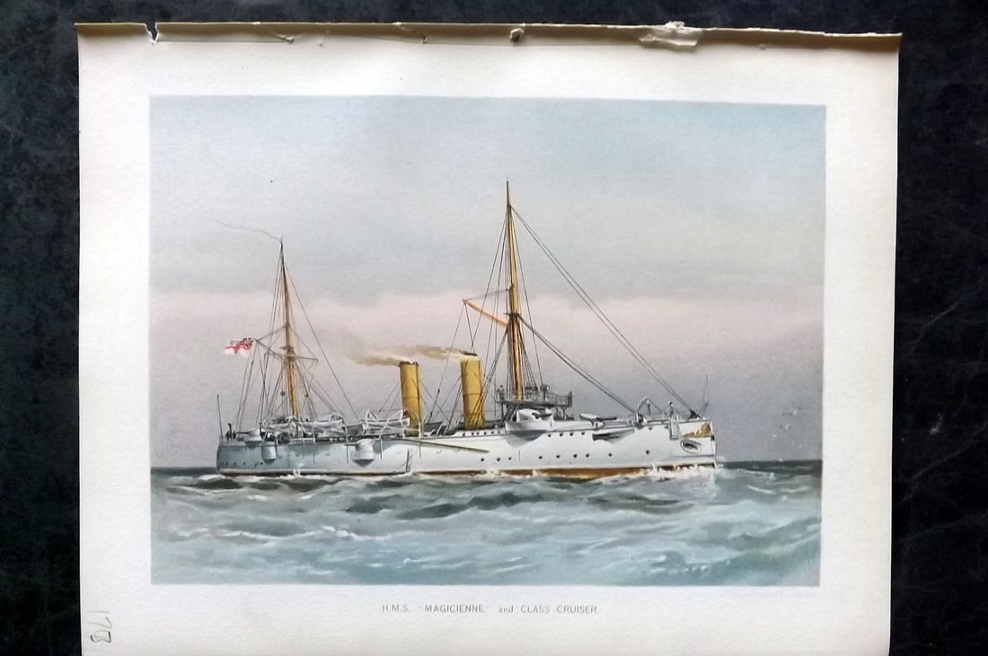 H. M. Navy 1893 Antique Ship Print. H. M. S. Magicienne, 2nd Class Cruiser: Chromolithograph Published 1889-1893 by J.S.Virtue & Co., London for "Her Majesty's Navy" By Lt. Charles Rathbone Low. Illustrated by W. Christian Symons and W. Fred Mitchell. Paper Size: 10.5 x 8 inc