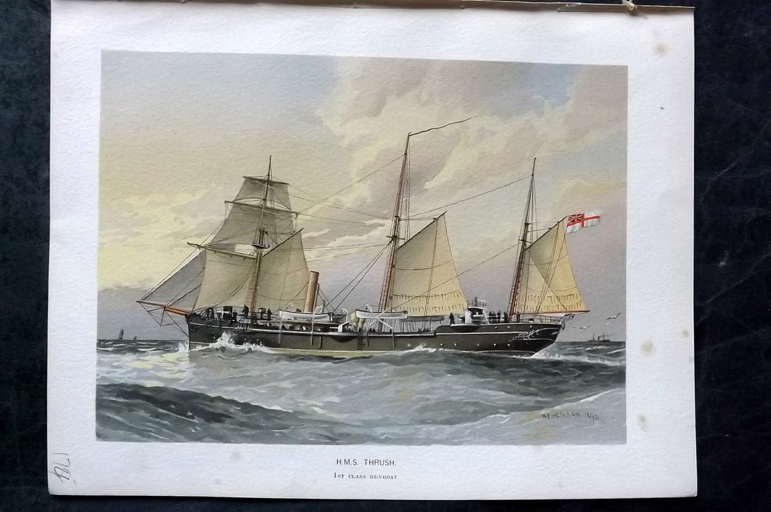 H. M. Navy 1893 Antique Ship Print. H. M. S. Thrush: Chromolithograph Published 1889-1893 by J.S.Virtue & Co., London for "Her Majesty's Navy" By Lt. Charles Rathbone Low. Illustrated by W. Christian Symons and W. Fred Mitchell. Paper Size: 10.5 x 8 inc