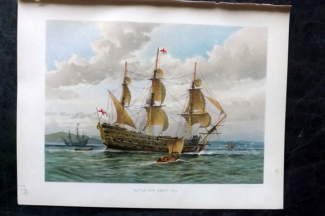 H. M. Navy 1893 Antique Ship Print. Battle Ship aboutt 1650 (1 of 1)