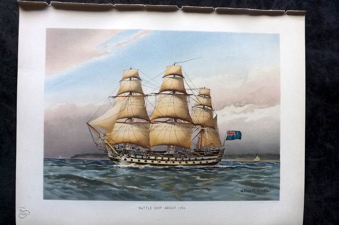 H. M. Navy 1893 Antique Ship Print. Battle Ship aboutt 1760 (1 of 1)