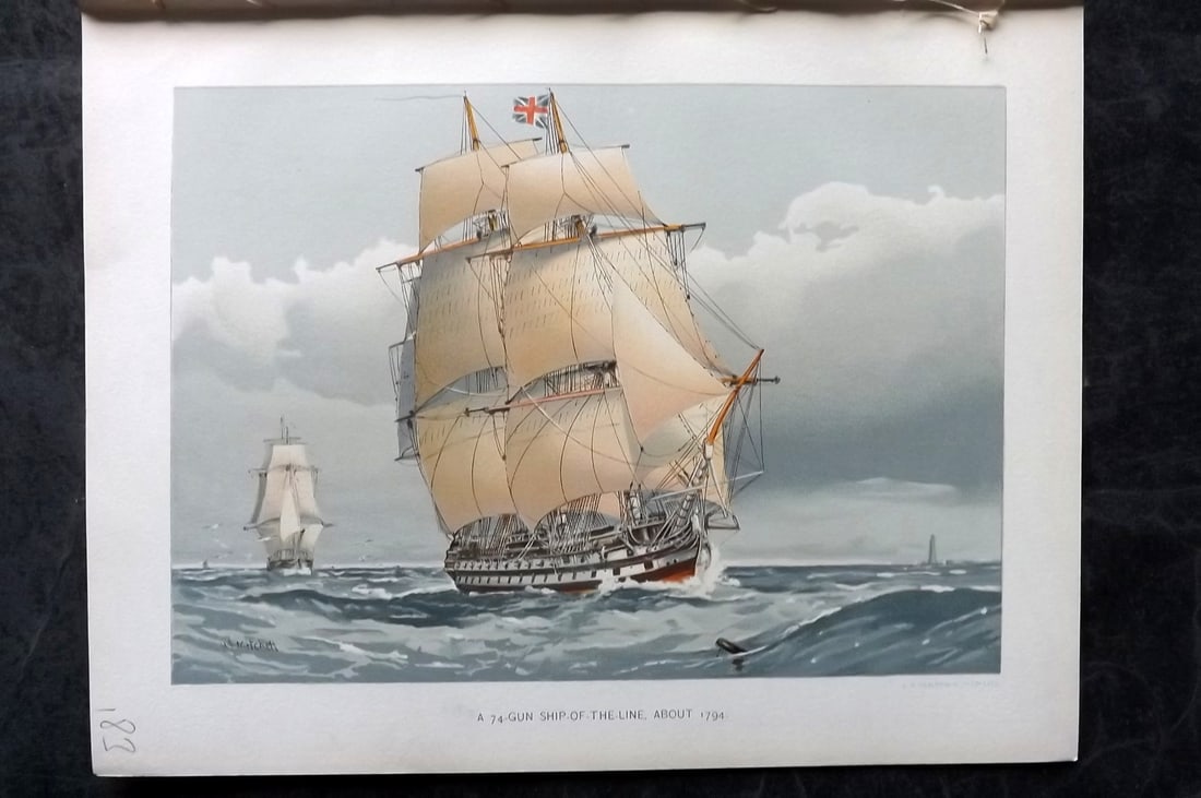 H. M. Navy 1893 Antique Ship Print. A 74 Gun Ship of the Line about 1794: Chromolithograph Published 1889-1893 by J.S.Virtue & Co., London for "Her Majesty's Navy" By Lt. Charles Rathbone Low. Illustrated by W. Christian Symons and W. Fred Mitchell. Paper Size: 10.5 x 8 inc