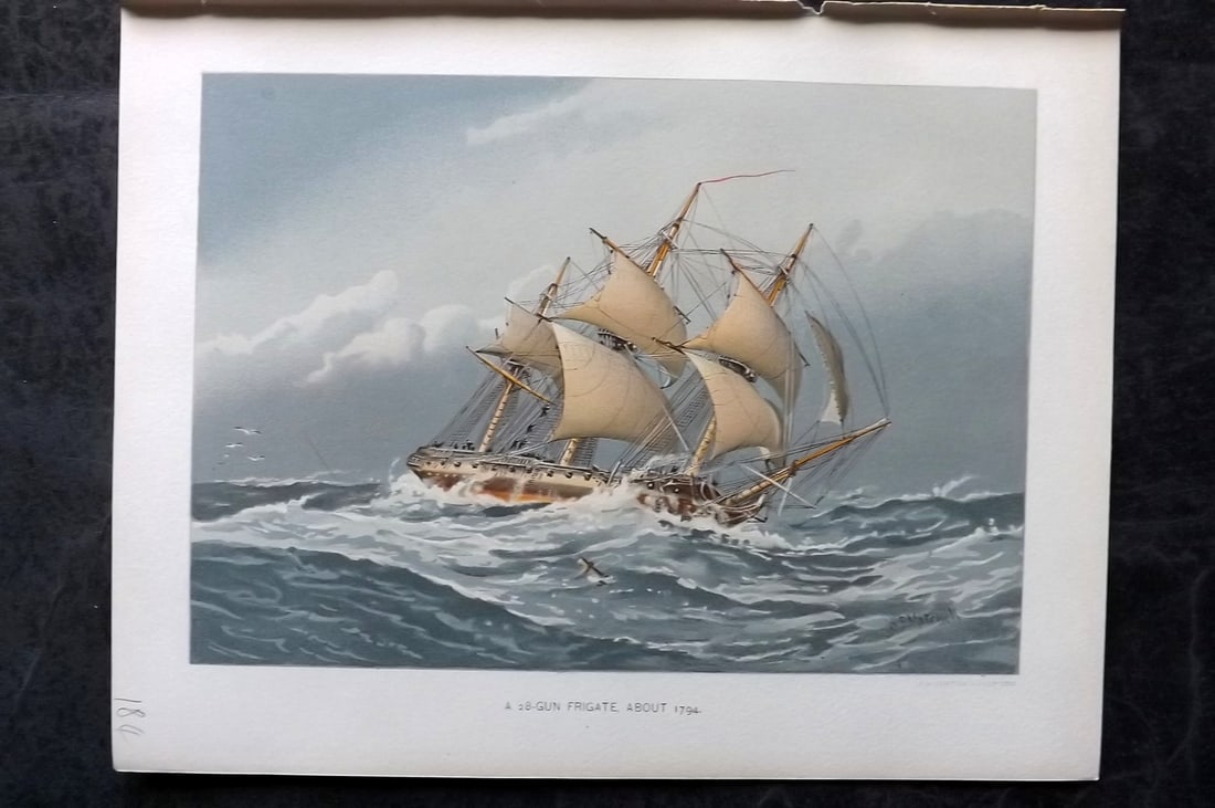 H. M. Navy 1893 Antique Ship Print. A 28 Gun Frigate about 1794: Chromolithograph Published 1889-1893 by J.S.Virtue & Co., London for "Her Majesty's Navy" By Lt. Charles Rathbone Low. Illustrated by W. Christian Symons and W. Fred Mitchell. Paper Size: 10.5 x 8 inc