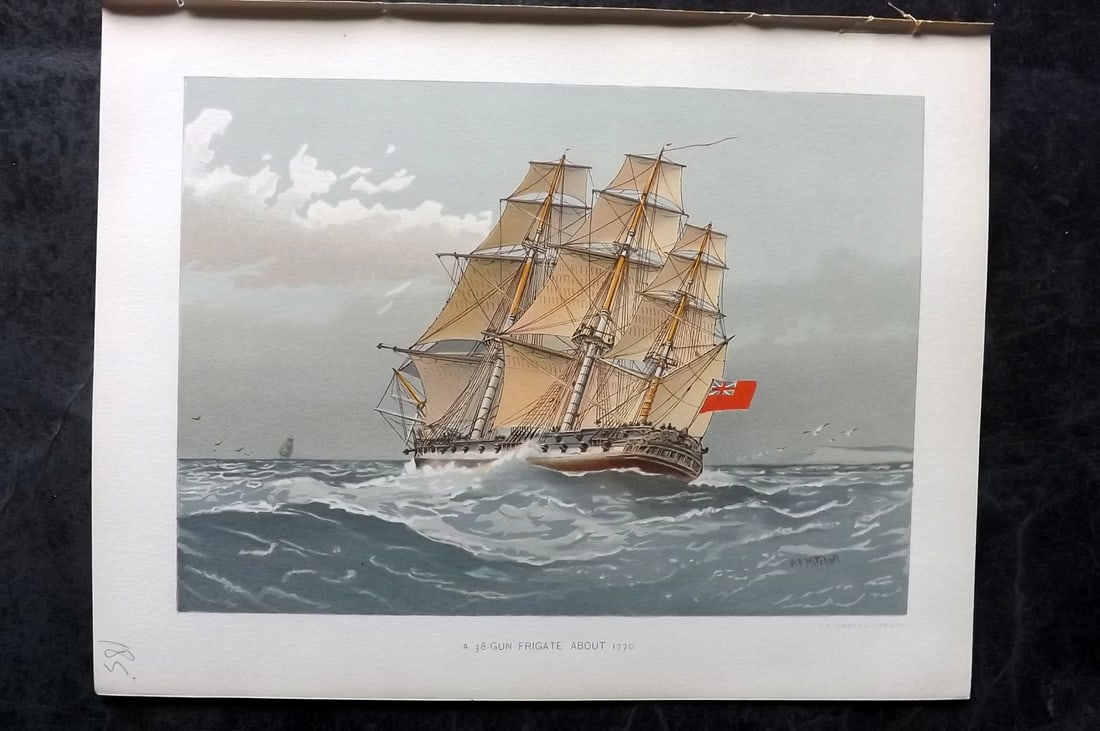 H. M. Navy 1893 Antique Ship Print. A 38 Gun Frigate about 1770: Chromolithograph Published 1889-1893 by J.S.Virtue & Co., London for "Her Majesty's Navy" By Lt. Charles Rathbone Low. Illustrated by W. Christian Symons and W. Fred Mitchell. Paper Size: 10.5 x 8 inc