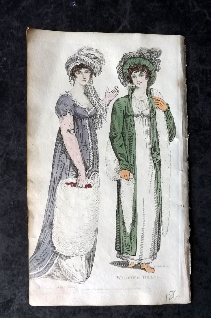 Lady's Monthly Museum 1805 HC Regency Fashion Print. Full & Walking Dress: Hand Colored Copper Plate Published 1798-1830, London for "Lady's Monthly Museum; Or, Polite Repository of Amusement and Instruction" Paper Size: 7 x 4 inch (18 x 10cm) Good Condition