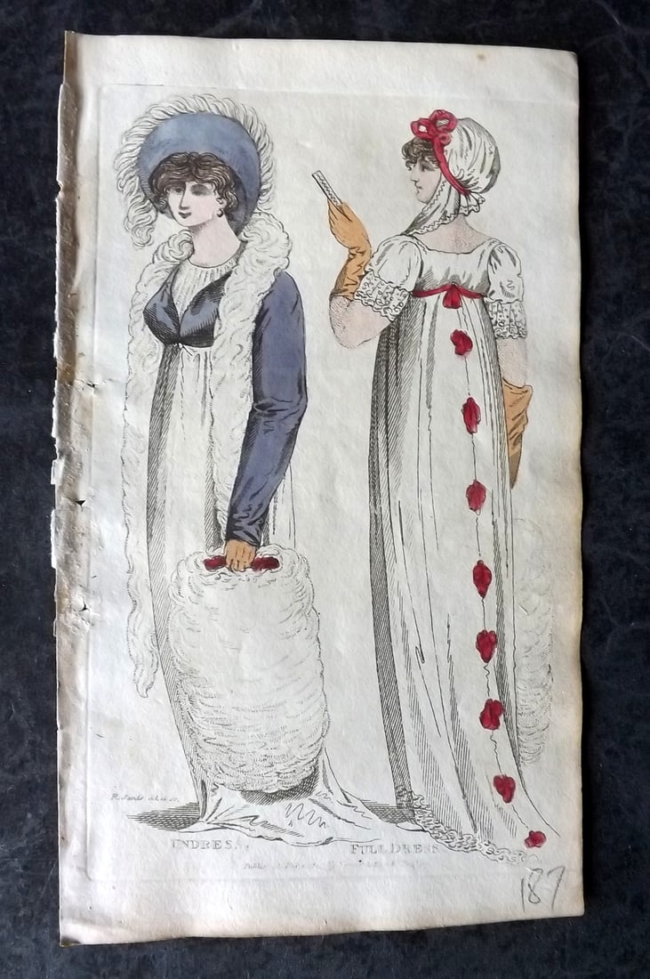 Lady's Monthly Museum 1805 HC Regency Fashion Print. Undress & Full Dress: Hand Colored Copper Plate Published 1798-1830, London for "Lady's Monthly Museum; Or, Polite Repository of Amusement and Instruction" Paper Size: 7 x 4 inch (18 x 10cm) Good Condition