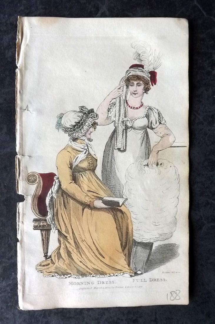 Lady's Monthly Museum 1805 HC Regency Fashion Print. Morning & Full Dress: Hand Colored Copper Plate Published 1798-1830, London for "Lady's Monthly Museum; Or, Polite Repository of Amusement and Instruction" Paper Size: 7 x 4 inch (18 x 10cm) Very minor margin toning. Tiny 