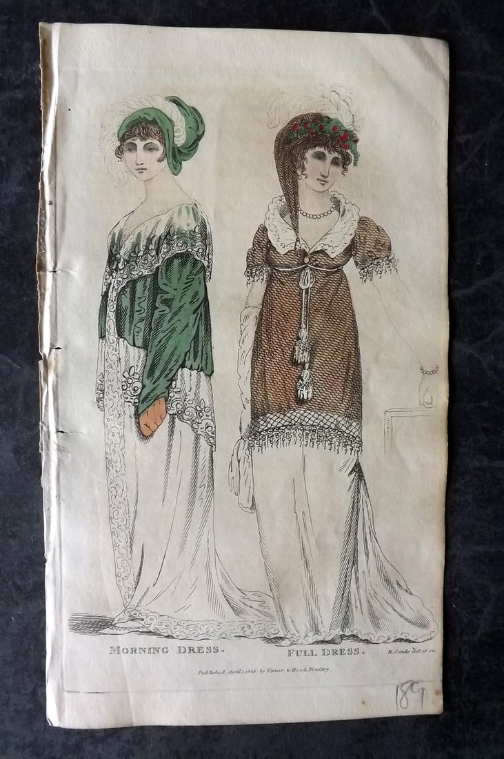 Lady's Monthly Museum 1805 HC Regency Fashion Print. Morning & Full Dress: Hand Colored Copper Plate Published 1798-1830, London for "Lady's Monthly Museum; Or, Polite Repository of Amusement and Instruction" Paper Size: 7 x 4 inch (18 x 10cm) Very minor toning. Good Conditi