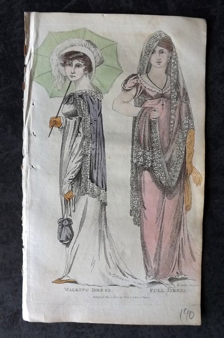 Lady's Monthly Museum 1805 HC Regency Fashion Print. Walking & Full Dress: Hand Colored Copper Plate Published 1798-1830, London for "Lady's Monthly Museum; Or, Polite Repository of Amusement and Instruction" Paper Size: 7 x 4 inch (18 x 10cm) Very minor toning. Good Conditi