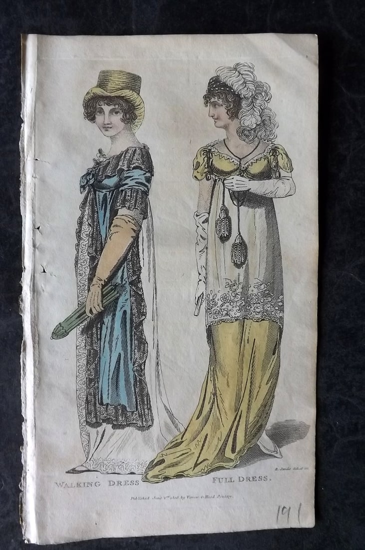 Lady's Monthly Museum 1805 HC Regency Fashion Print. Walking & Full Dress: Hand Colored Copper Plate Published 1798-1830, London for "Lady's Monthly Museum; Or, Polite Repository of Amusement and Instruction" Paper Size: 7 x 4 inch (18 x 10cm) Good Condition