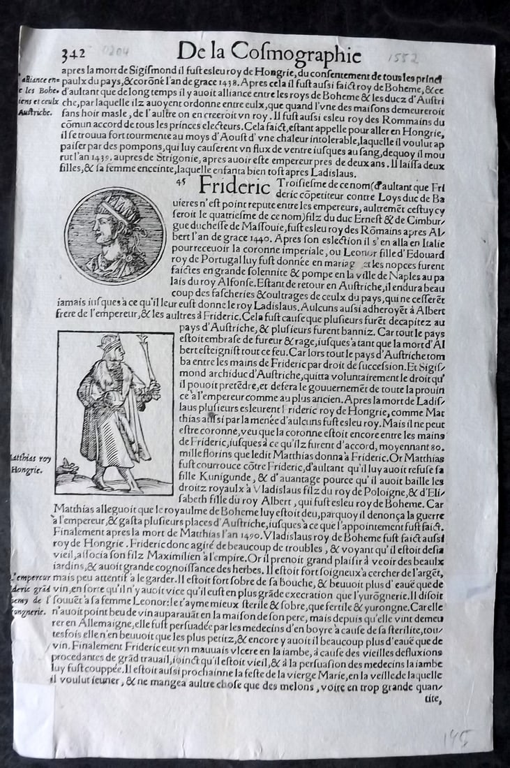 Munster, Sebastian 1552 Early Woodcut. Portrait of Matthias Corvinus, King of Hungary: Woodcut Published 1552, Basel for the "Cosmographia" by Sebastian Munster. Printed both sides. Paper Size: 12 x 8 inch (30 x 20cm) Approx. Good Condition