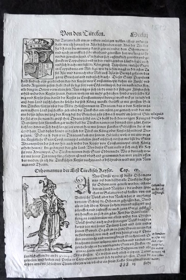 Munster, Sebastian 1592 Early Woodcut. Portrait of Mehmed II. Constantinople Turkey Islam: Woodcut Published 1592, Basel for the "Cosmographia" by Sebastian Munster. Printed both sides. Paper Size: 12 x 8 inch (30 x 20cm) Approx. Good Condition