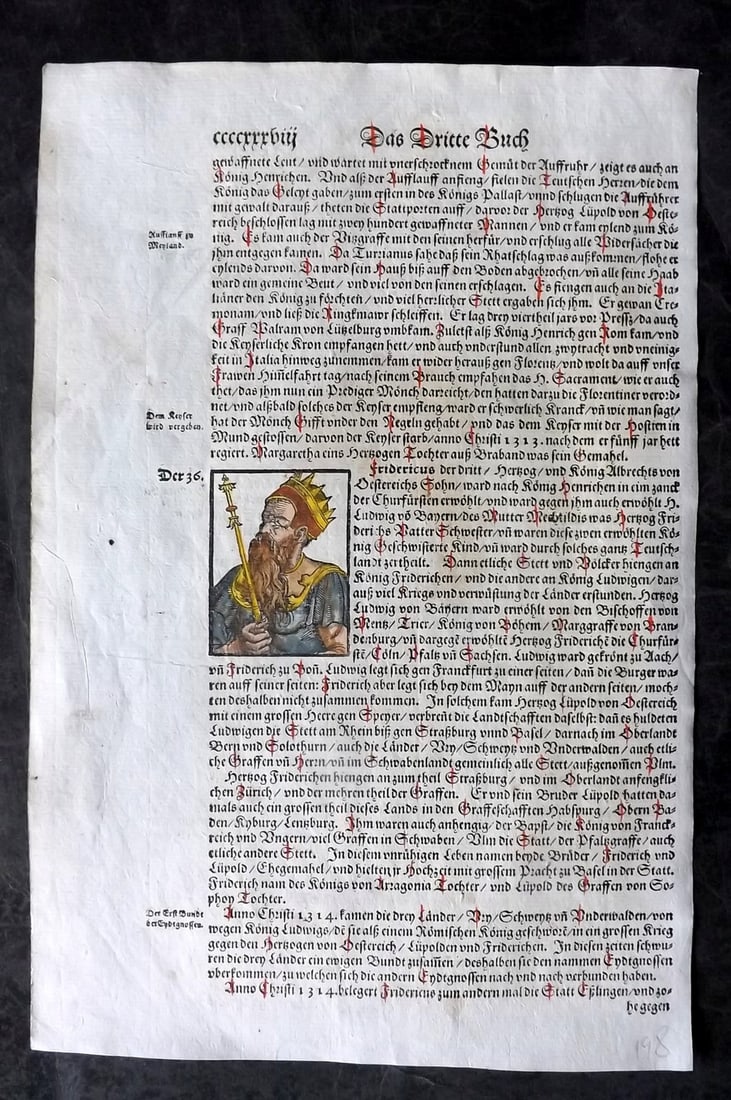 Munster, Sebastian 1588 Early Hand Col Woodcut. Portrait of Duke Frederick II of Swabia (1 of 1)