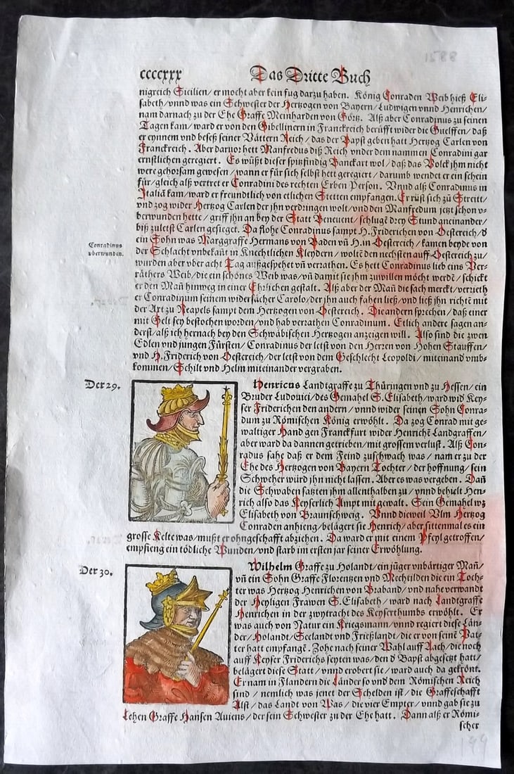 Munster, Sebastian 1588 Early Hand Col Woodcut. Portraits of Swabian Dukes: Contemporary Hand Colored Woodcut Published 1588, Basel for the "Cosmographia" by Sebastian Munster. Printed both sides. Paper Size: 12 x 8 inch (30 x 20cm) Approx. A little paint marking present. Goo
