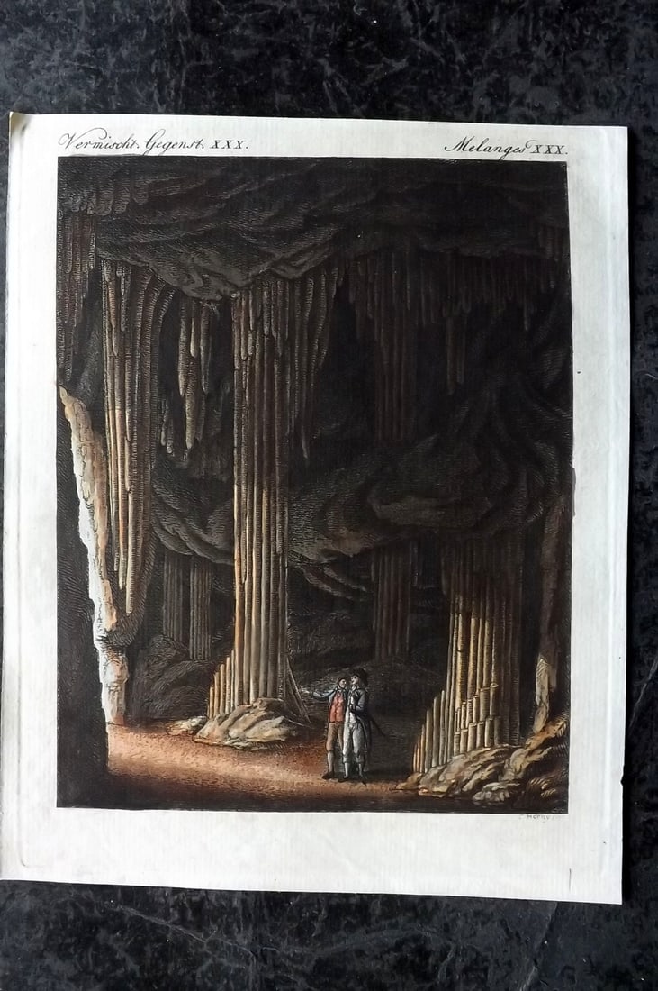 Bertuch, Friedrich 1795 Hand Col Print. Scotland - Cavern of Stalactites near Slains: Hand Colored Copper Plate Published 1792-1830 for "Bilderbuch fur Kinder..." By Friedrich Justin Bertuch. With accompaying descriptive text. Paper Size: 9 x 7.5 inch (23 x 19cm) Good Condition