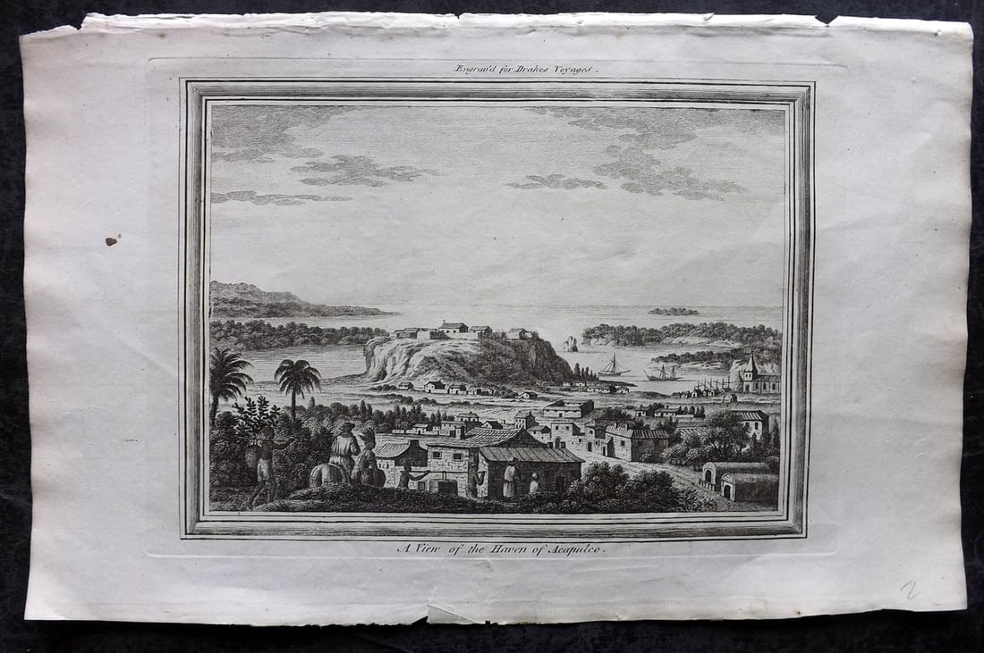 Drake, Edward 1768 Folio Print. Mexico - Haven of Acapulco: Copper Plate Published 1768 by J.Cooke, London for "A New Universal Collection of Authentic and Entertaining Voyages and Travels" (Drake's Voyages) By Edward Cavendish Drake. Paper Size: 16 x 9 inch (