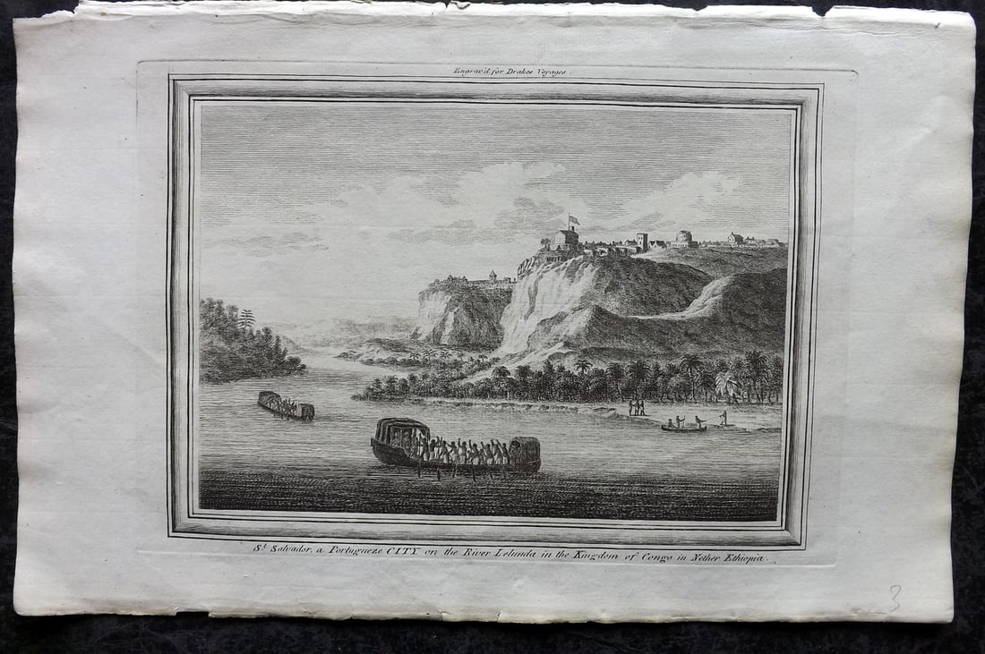 Drake, Edward 1768 Folio Print. Africa Congo - St. Salvador, A Potugese City: Copper Plate Published 1768 by J.Cooke, London for "A New Universal Collection of Authentic and Entertaining Voyages and Travels" (Drake's Voyages) By Edward Cavendish Drake. Paper Size: 16 x 9 inch (