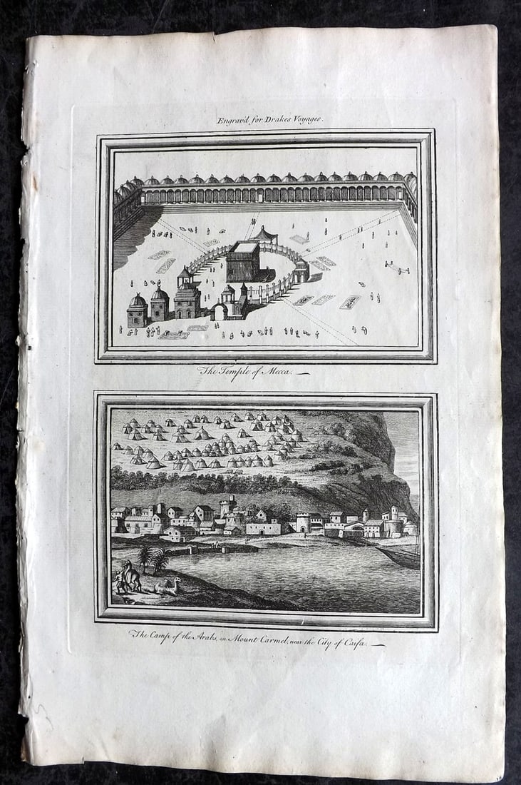 Drake, Edward 1768 Folio Print. Saudi Arabia - Israel - Temple of Mecca & Haifa/Mount Carmel: Copper Plate Published 1768 by J.Cooke, London for "A New Universal Collection of Authentic and Entertaining Voyages and Travels" (Drake's Voyages) By Edward Cavendish Drake. Paper Size: 16 x 9 inch (
