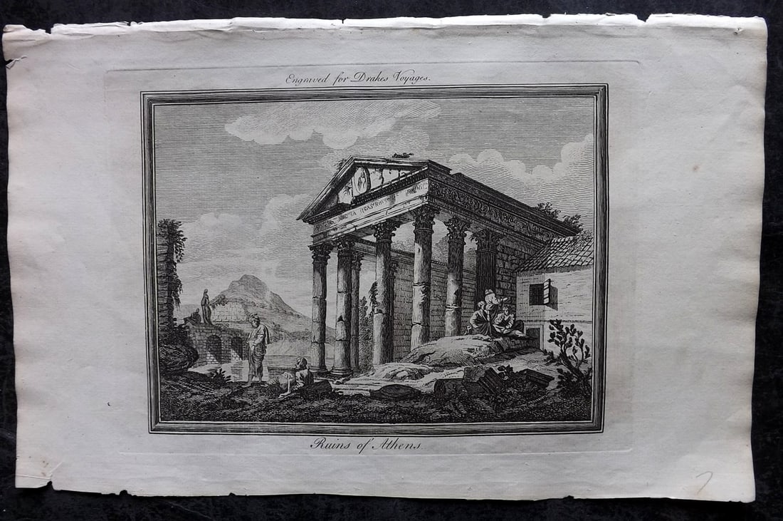 Drake, Edward 1768 Folio Print. Greece - Ruins of Athens: Copper Plate Published 1768 by J.Cooke, London for "A New Universal Collection of Authentic and Entertaining Voyages and Travels" (Drake's Voyages) By Edward Cavendish Drake. Paper Size: 16 x 9 inch (