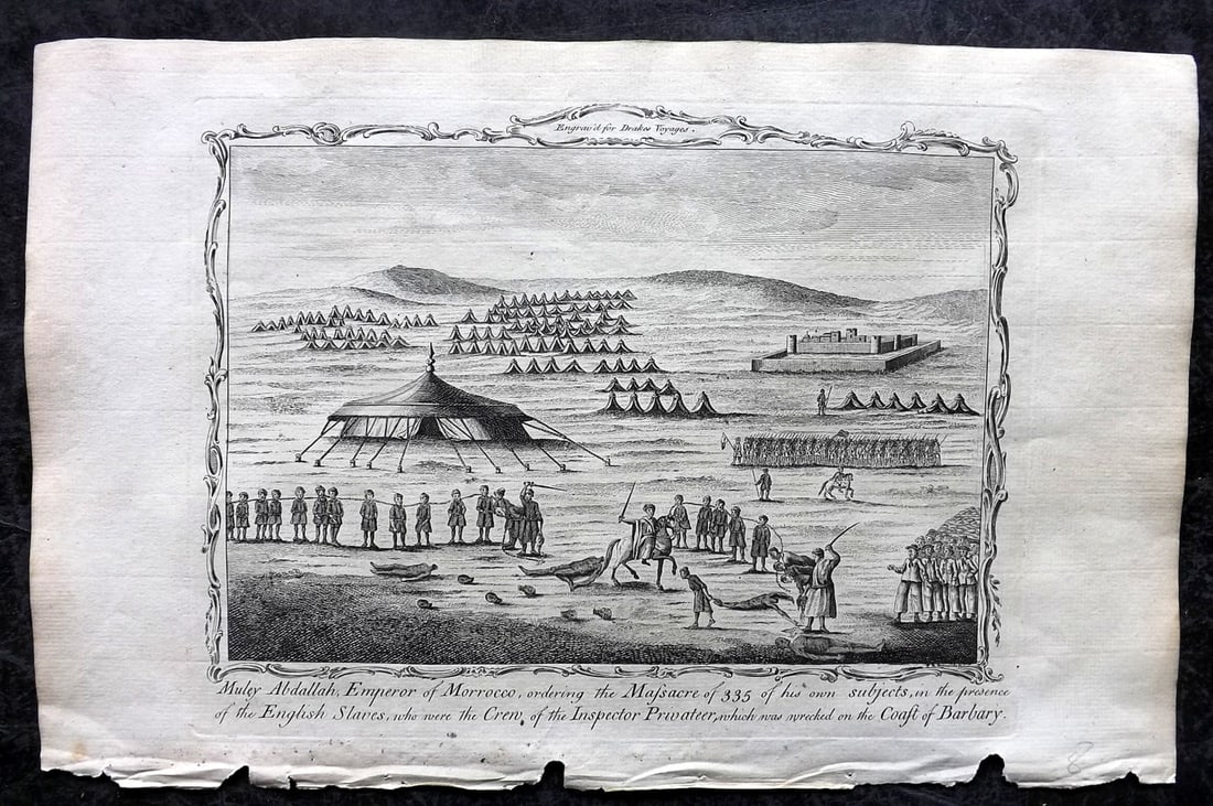 Drake, Edward 1768 Folio Print. Morocco - Muley Abdallah ordering the Massacre of 335 & English: Copper Plate Published 1768 by J.Cooke, London for "A New Universal Collection of Authentic and Entertaining Voyages and Travels" (Drake's Voyages) By Edward Cavendish Drake. Paper Size: 16 x 9 inch (