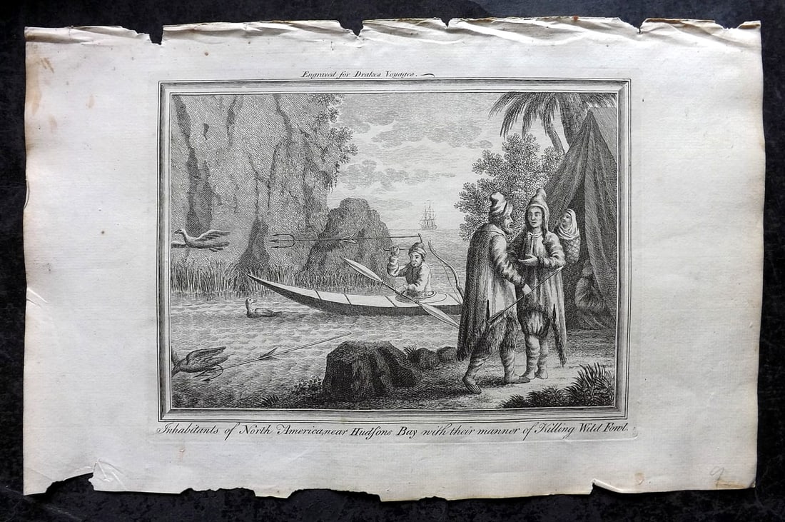 Drake, Edward 1768 Folio Print. Canada - Inhabitants Killing Wild Fowl near Hudsons Bay: Copper Plate Published 1768 by J.Cooke, London for "A New Universal Collection of Authentic and Entertaining Voyages and Travels" (Drake's Voyages) By Edward Cavendish Drake. Paper Size: 16 x 9 inch (