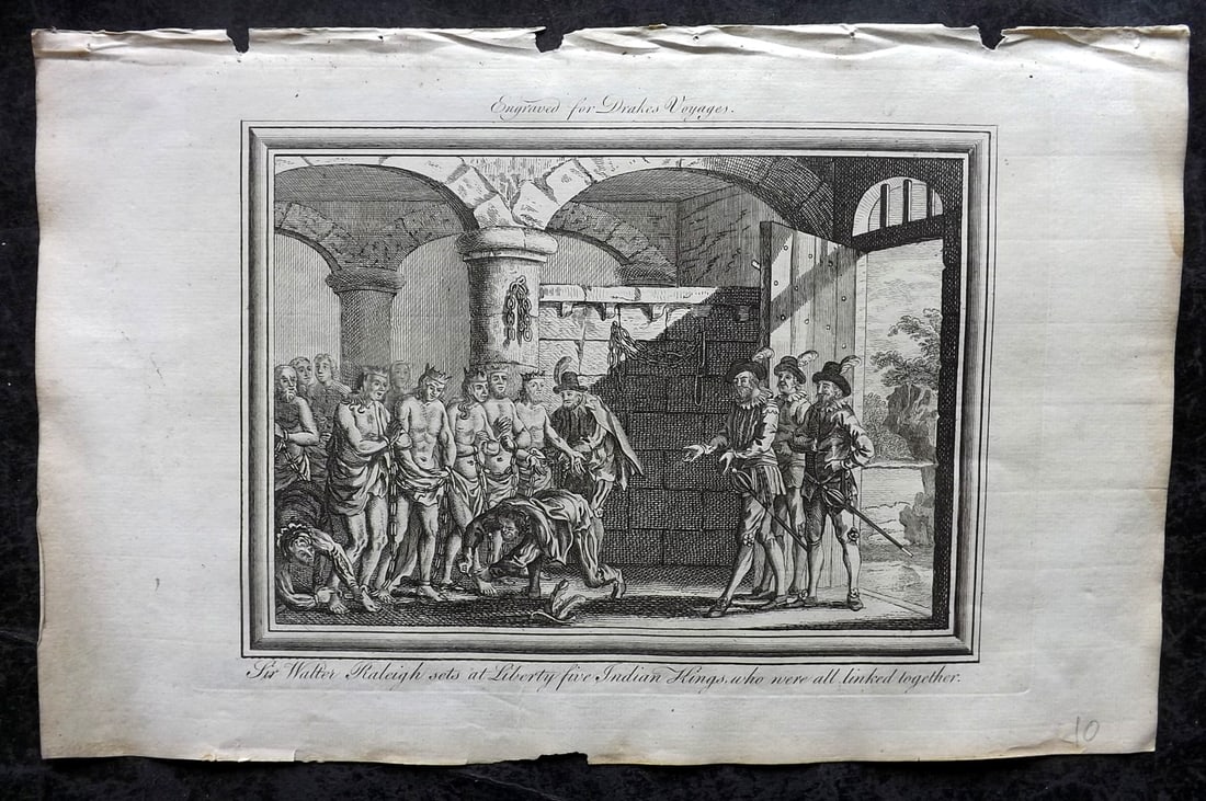 Drake, Edward 1768 Folio Print. Guyana - Walter  Raleigh sets at Libert Five Indian Kings (1 of 1)