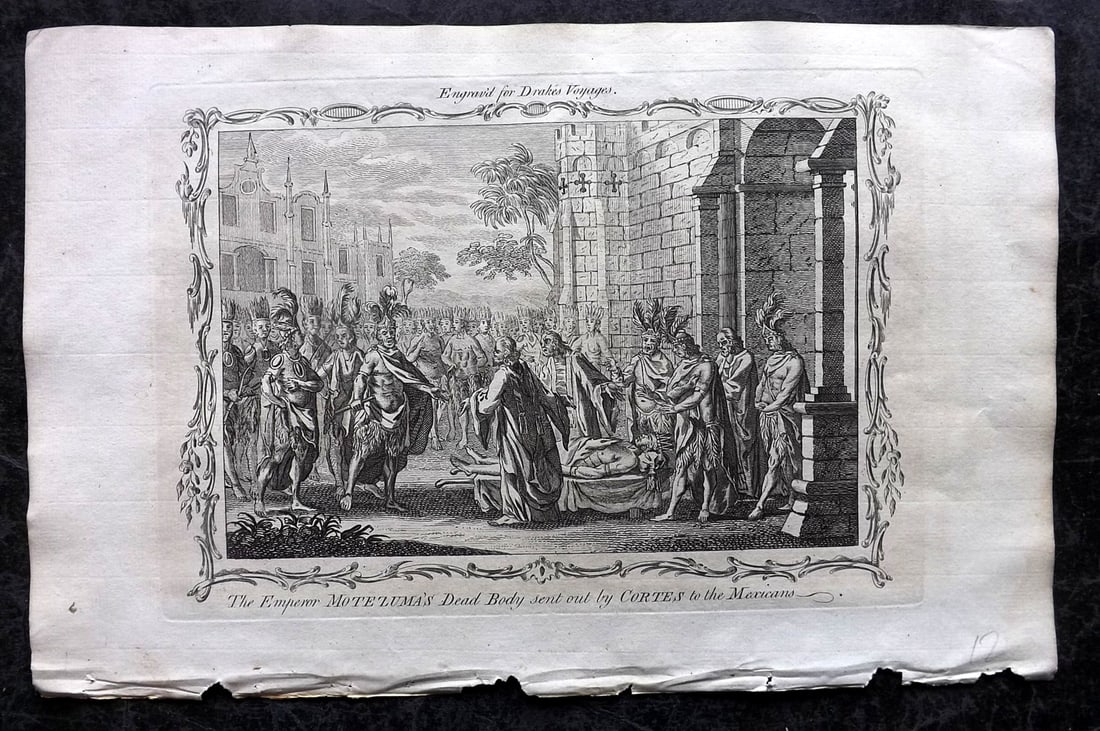 Drake, Edward 1768 Folio Print. Mexico - Montezuma Dead body sent out by Cortes: Copper Plate Published 1768 by J.Cooke, London for "A New Universal Collection of Authentic and Entertaining Voyages and Travels" (Drake's Voyages) By Edward Cavendish Drake. Paper Size: 16 x 9 inch (