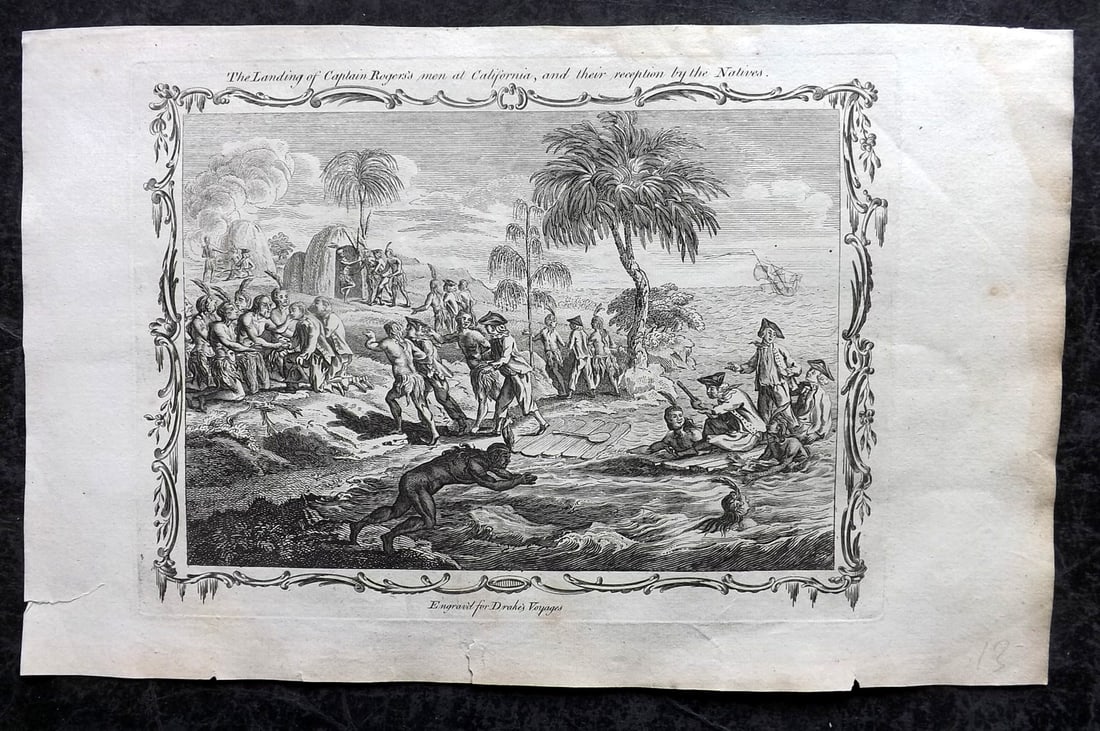 Drake, Edward 1768 Folio Print. USA - Landing of Captain Rogers's men at California. Native (1 of 1)