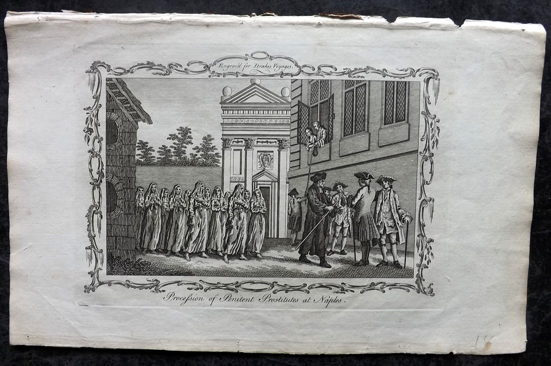 Drake, Edward 1768 Folio Print. Italy - Procession of Peniten Prostitutes at Naples: Copper Plate Published 1768 by J.Cooke, London for "A New Universal Collection of Authentic and Entertaining Voyages and Travels" (Drake's Voyages) By Edward Cavendish Drake. Paper Size: 16 x 9 inch (