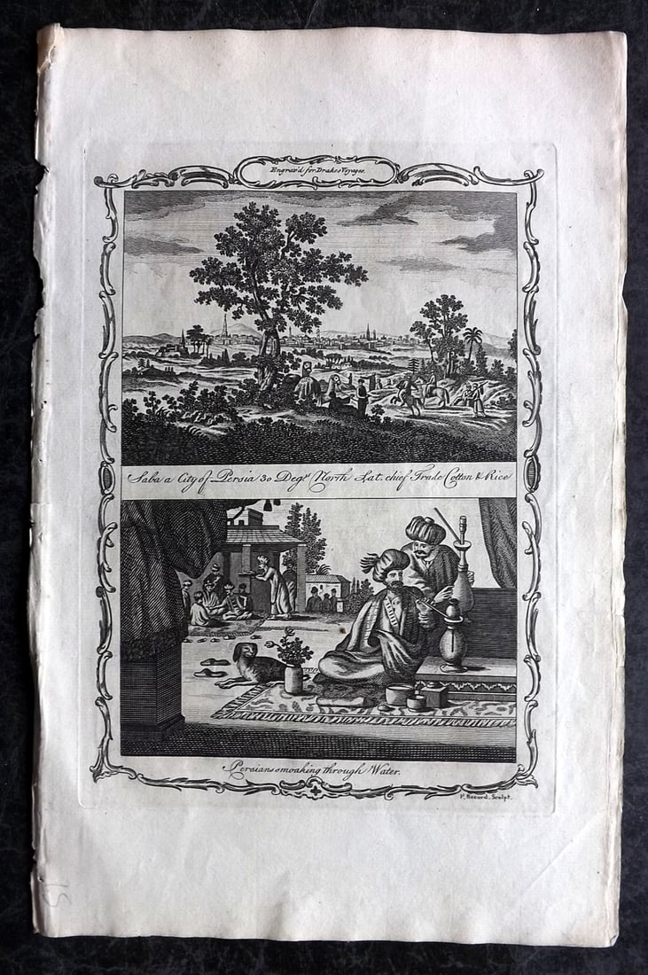 Drake, Edward 1768 Folio Print. Persia - Saba & Smoking through water: Copper Plate Published 1768 by J.Cooke, London for "A New Universal Collection of Authentic and Entertaining Voyages and Travels" (Drake's Voyages) By Edward Cavendish Drake. Paper Size: 16 x 9 inch (