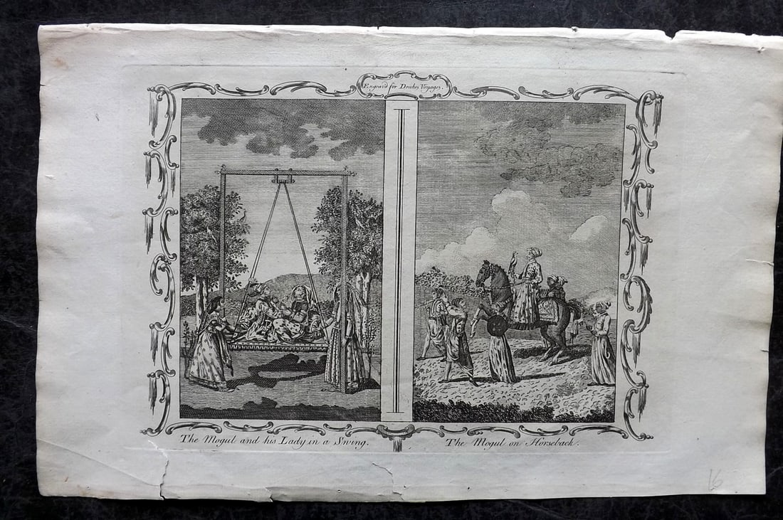 Drake, Edward 1768 Folio Print. India - Mogul & Lady in swing, Mogul on Horseback: Copper Plate Published 1768 by J.Cooke, London for "A New Universal Collection of Authentic and Entertaining Voyages and Travels" (Drake's Voyages) By Edward Cavendish Drake. Paper Size: 16 x 9 inch (