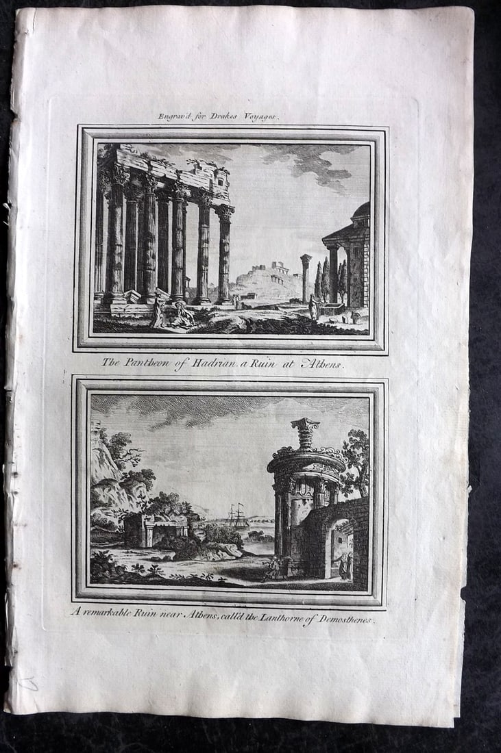 Drake, Edward 1768 Folio Print. Greece - Panthian of Hadrian & Ruins at Athens: Copper Plate Published 1768 by J.Cooke, London for "A New Universal Collection of Authentic and Entertaining Voyages and Travels" (Drake's Voyages) By Edward Cavendish Drake. Paper Size: 16 x 9 inch (