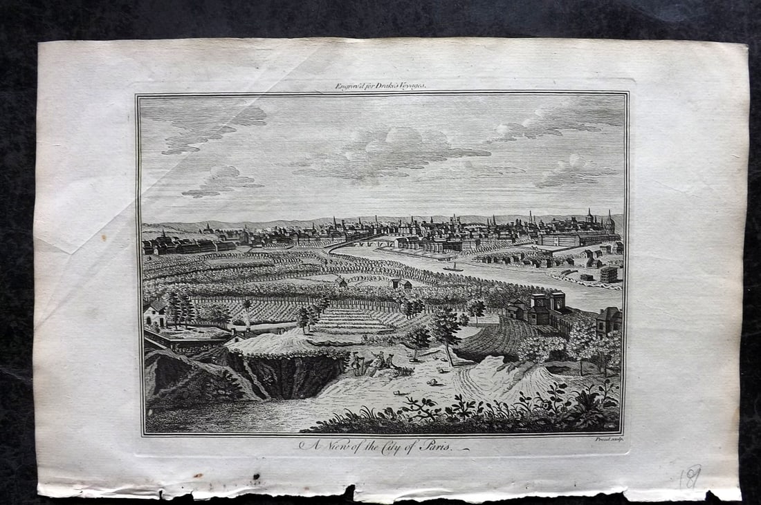 Drake, Edward 1768 Folio Print. France - View of the City of Paris: Copper Plate Published 1768 by J.Cooke, London for "A New Universal Collection of Authentic and Entertaining Voyages and Travels" (Drake's Voyages) By Edward Cavendish Drake. Paper Size: 16 x 9 inch (