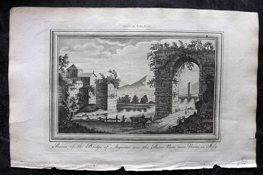 Drake, Edward 1768 Folio Print. Italy - Ruins of the Bridge of Augustus, River Nera, Narni: Copper Plate Published 1768 by J.Cooke, London for "A New Universal Collection of Authentic and Entertaining Voyages and Travels" (Drake's Voyages) By Edward Cavendish Drake. Paper Size: 16 x 9 inch (