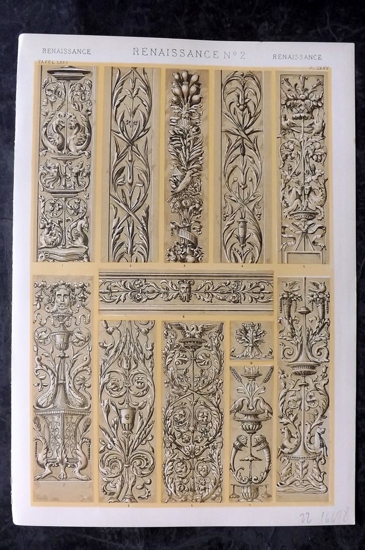 Jones, Owen 1910 Folio Architectural Design Print. Renaissance No. 2: Chromolithograph Published 1910 by Bernard Quaritch, London for "The Grammar of Ornament" by Owen Jones. Paper Size: 13 x 9 inch (33 x 23cm) Good Condition