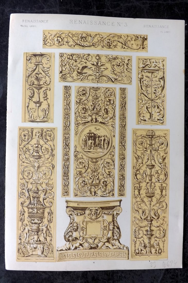 Jones, Owen 1910 Folio Architectural Design Print. Renaissance No. 3: Chromolithograph Published 1910 by Bernard Quaritch, London for "The Grammar of Ornament" by Owen Jones. Paper Size: 13 x 9 inch (33 x 23cm) Good Condition