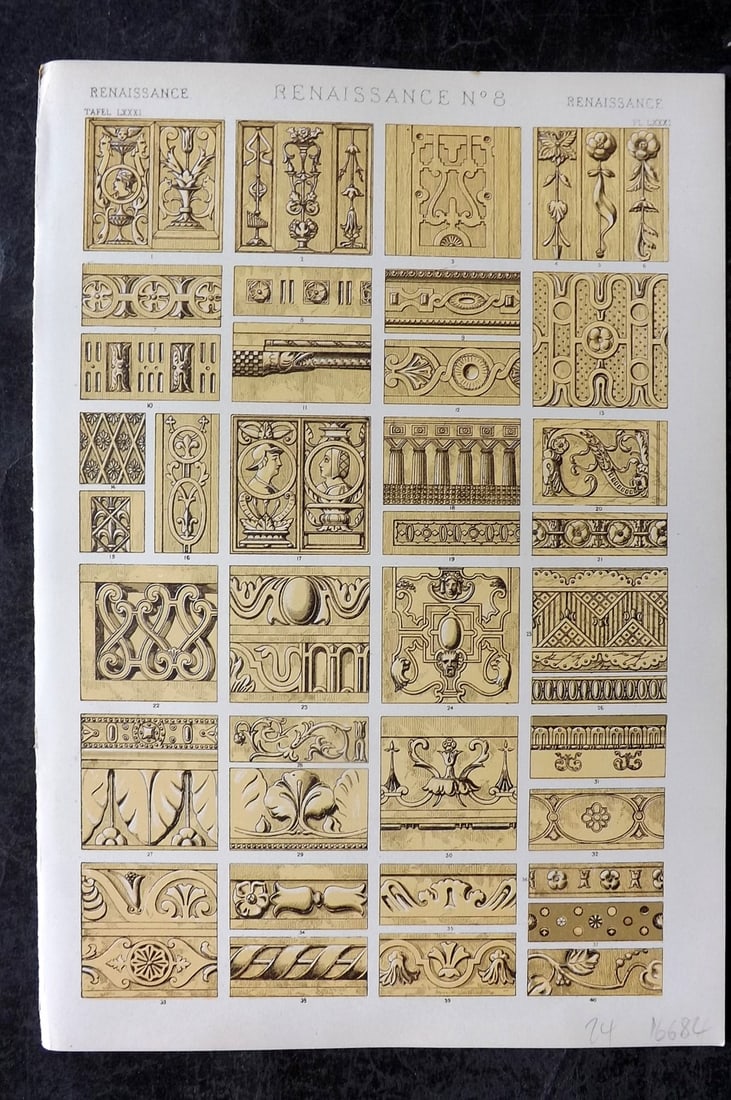 Jones, Owen 1910 Folio Architectural Design Print. Renaissance No. 8: Chromolithograph Published 1910 by Bernard Quaritch, London for "The Grammar of Ornament" by Owen Jones. Paper Size: 13 x 9 inch (33 x 23cm) Good Condition