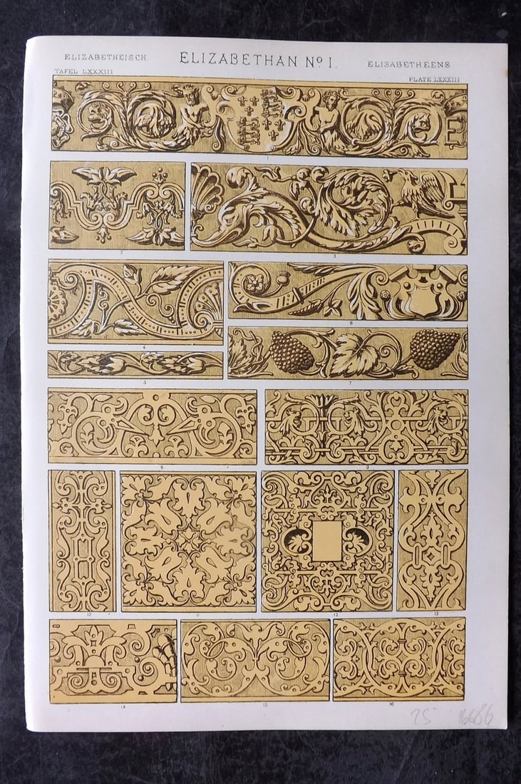 Jones, Owen 1910 Folio Architectural Design Print. Elizabethan No. 1: Chromolithograph Published 1910 by Bernard Quaritch, London for "The Grammar of Ornament" by Owen Jones. Paper Size: 13 x 9 inch (33 x 23cm) Good Condition
