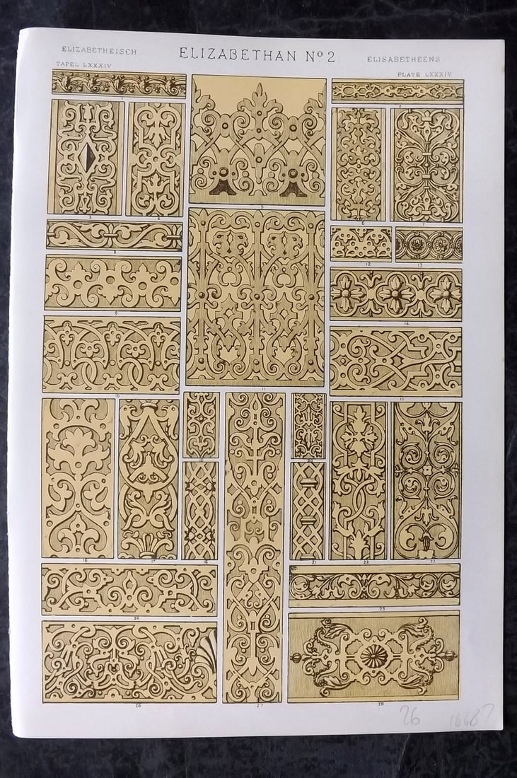 Jones, Owen 1910 Folio Architectural Design Print. Elizabethan No. 2: Chromolithograph Published 1910 by Bernard Quaritch, London for "The Grammar of Ornament" by Owen Jones. Paper Size: 13 x 9 inch (33 x 23cm) Good Condition
