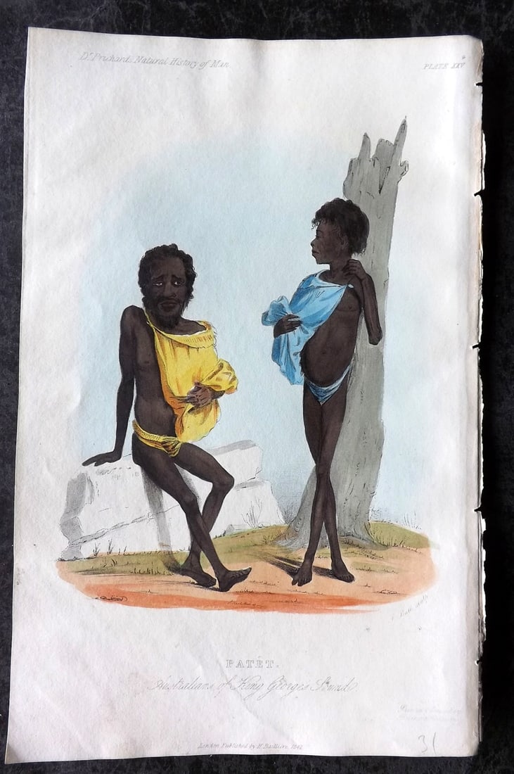 Prichard, James 1845 HCol Print. Australia - Aborigines of King George's Sound 25: Hand Colored Aquatint Published 1845 London for "The Natural History of Man" by James Cowles Prichard. Paper Size: 9 x 5.5 inch (23.5 x 14cm) Good Condition