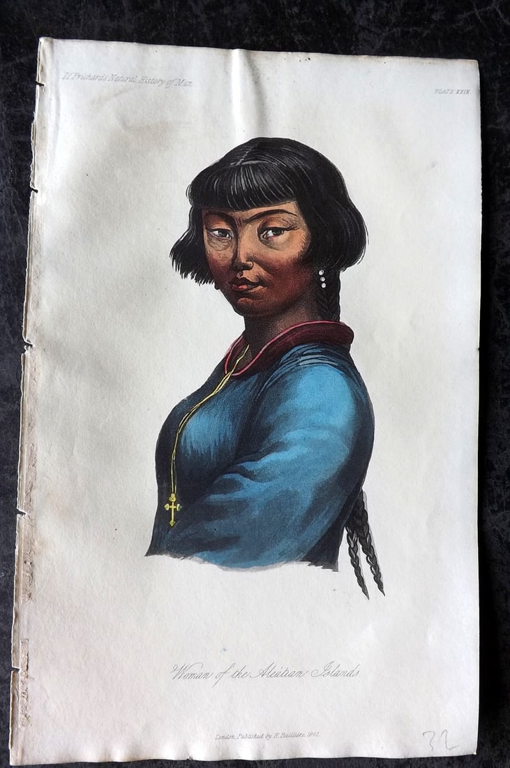 Prichard, James 1845 HCol Print. USA - Women of the Aleutian Islands. Alaska 24: Hand Colored Aquatint Published 1845 London for "The Natural History of Man" by James Cowles Prichard. Paper Size: 9 x 5.5 inch (23.5 x 14cm) Good Condition