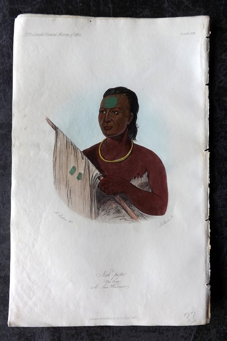 Prichard, James 1845 HCol Print. USA - Nah-Pope, a Sauk Warrior. Native American 30: Hand Colored Aquatint Published 1845 London for "The Natural History of Man" by James Cowles Prichard. Paper Size: 9 x 5.5 inch (23.5 x 14cm) Good Condition