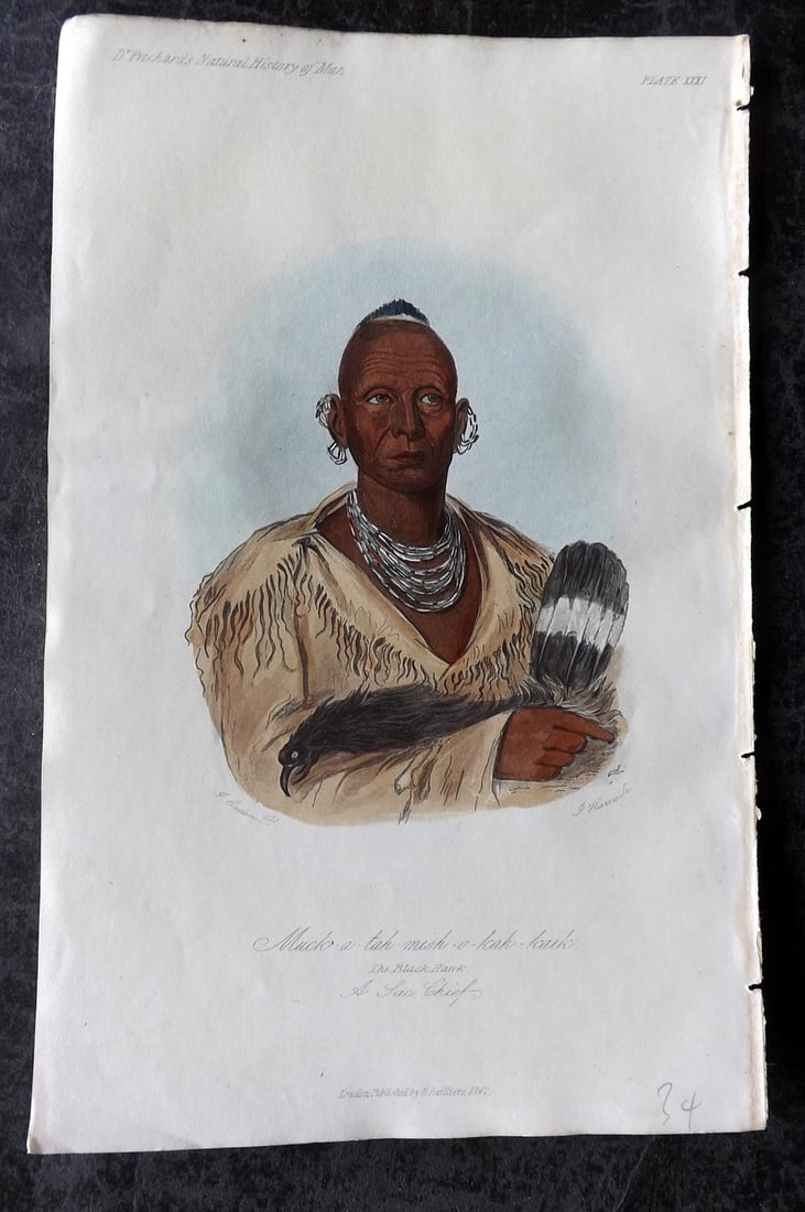 Prichard, James 1845 HCol Print. USA - Much-a-tah, The Black Hawk, Sauk Chief. Native American 31 (1 of 1)