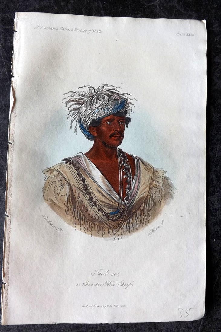 Prichard, James 1845 HCol Print. USA - Tuck-ce a Cherokee War-Chief. Native American 32: Hand Colored Aquatint Published 1845 London for "The Natural History of Man" by James Cowles Prichard. Paper Size: 9 x 5.5 inch (23.5 x 14cm) Good Condition