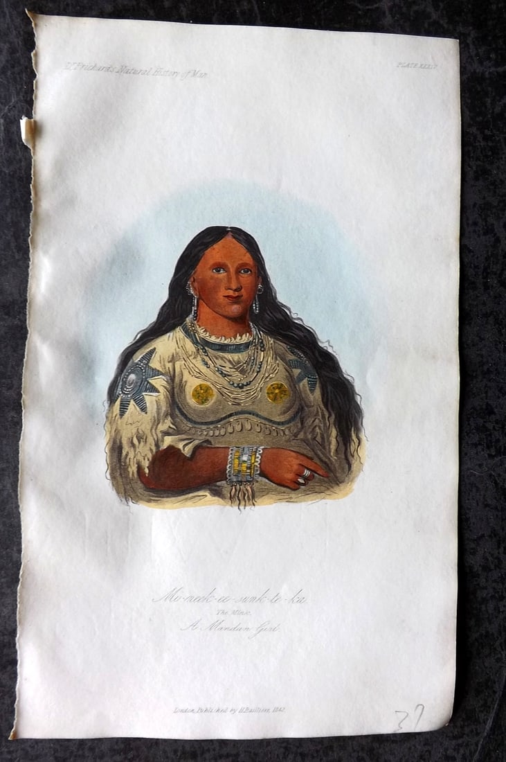 Prichard, James 1845 HCol Print. USA - Mi-neek-ee-sank-te-ka Mandam Girl Native American 34: Hand Colored Aquatint Published 1845 London for "The Natural History of Man" by James Cowles Prichard. Paper Size: 9 x 5.5 inch (23.5 x 14cm) Good Condition