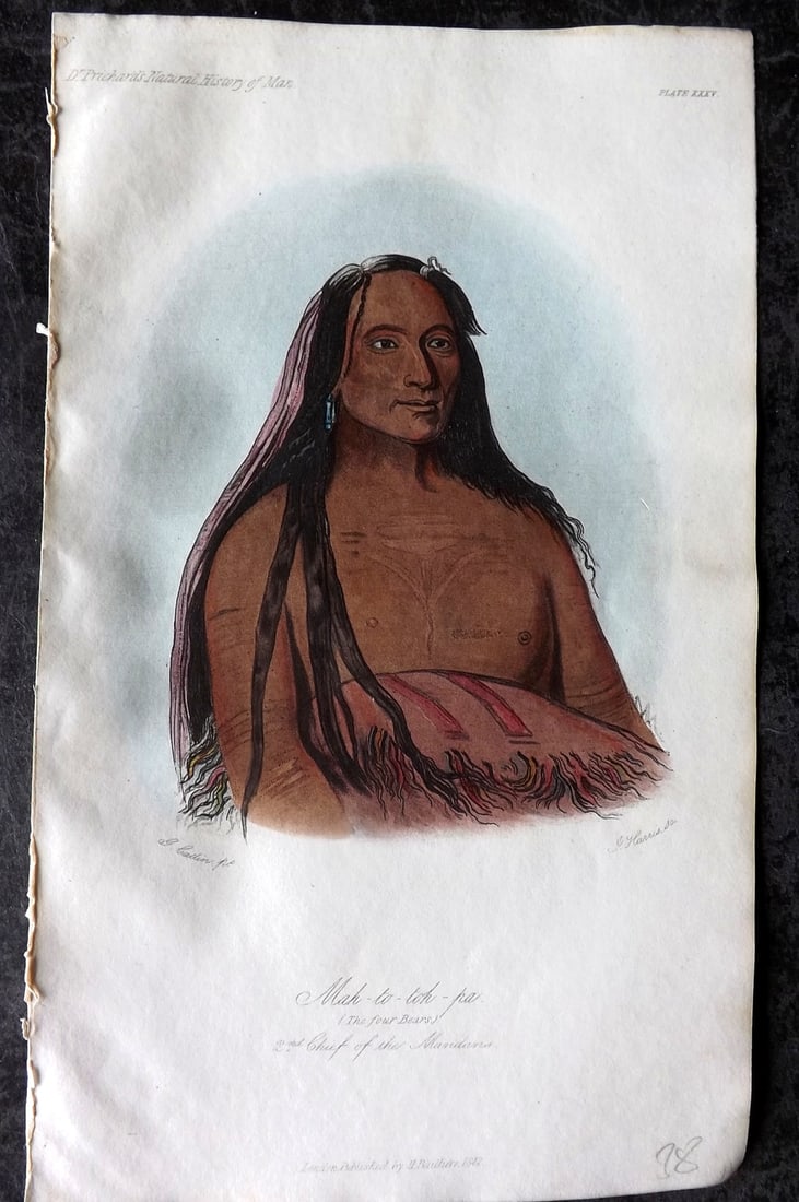Prichard, James 1845 HCol Print. USA - Mah-to-toh-pa, The Four Bears Chief of the Mandans 35: Hand Colored Aquatint Published 1845 London for "The Natural History of Man" by James Cowles Prichard. Paper Size: 9 x 5.5 inch (23.5 x 14cm) Good Condition